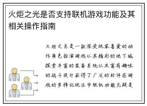 火炬之光是否支持联机游戏功能及其相关操作指南